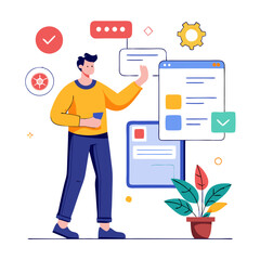 Poster - Figure engages with interactive user interface elements while standing next to a plant