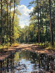 Wall Mural - A serene forest scene with a reflective puddle and vibrant autumn foliage.