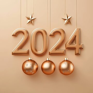 Happy New Year 2024 celebration background with 3D hanging numbers, crafted via generative AI for use in websites, social media, and ads.
