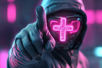 Aufkleber - A cyberpunk-inspired doctor holding a glowing holographic medical cross, surrounded by neon blue and pink light in a futuristic city clinic