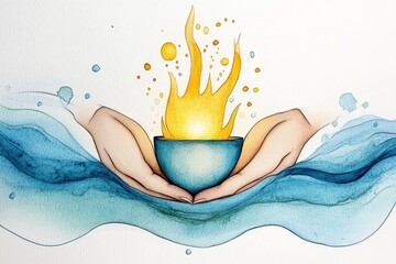 Aufkleber - A delicate watercolor painting of hands gently cradling a glowing light, with soft, blended shades of blue, yellow, and white