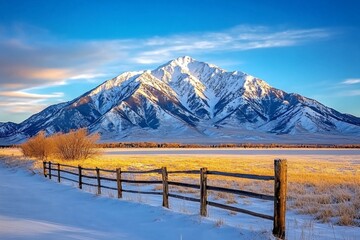 Aufkleber - A dynamic HDR image of a snow-capped mountain range glowing in the first light of dawn, with crisp shadows and soft highlights