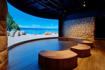 Poster - A futuristic museum display featuring holographic reconstructions of historical scenes like Roman gladiators and ancient pyramids