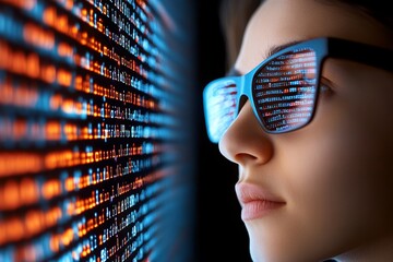 Poster - A futuristic programmer interacting with a holographic coding interface filled with high-speed data streams and graphs