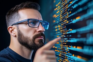 Poster - A futuristic programmer interacting with a holographic coding interface filled with high-speed data streams and graphs