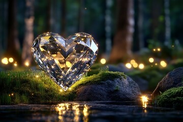 Poster - A glowing crystal heart hovering in an enchanted forest, surrounded by fireflies, soft golden light, and mystical sparkles