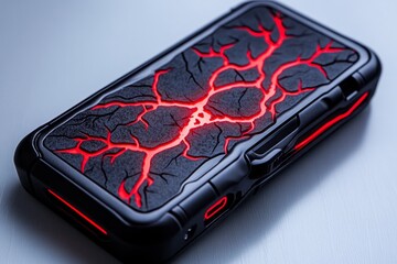 Poster - A gothic HDD design with dark, intricate engravings on the casing and faint red glowing cracks, placed in a shadowy environment