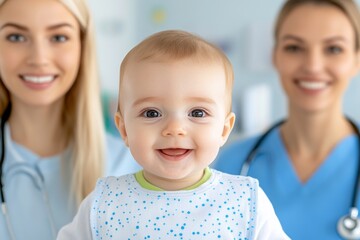 a healthcare worker placing a stethoscope on a baby chest, while the mother watches with a smile
