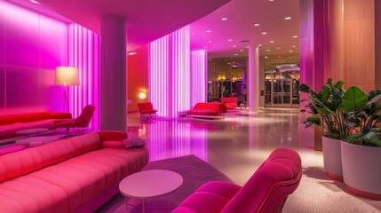 Poster - A modern lounge bathed in pink neon hues, with sleek seating and a vibrant, energetic ambiance perfect for nightlife.