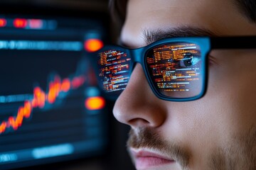 Aufkleber - A hyper-realistic close-up of a developer face reflected in a monitor displaying complex code and live trading graphs