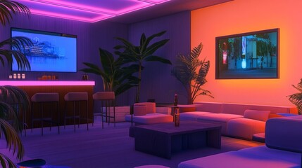Poster - A modern lounge filled with pink neon lighting, trendy seating, and a lively nightlife-inspired ambiance.