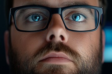 Poster - A hyper-realistic close-up of a hipster man face, showing a detailed beard, stylish glasses, and soft lighting reflecting on his skin