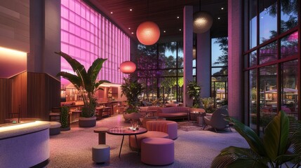 Poster - A modern lounge filled with pink neon lighting, trendy seating, and a lively nightlife-inspired ambiance.