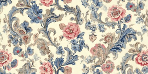  Vintage wallpaper showcasing an antique design featuring a blue and pink paisley floral pattern. Its a classic piece with an elegant floral motif.