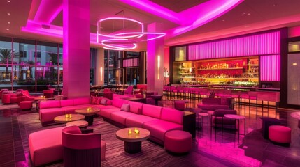 Poster - A vibrant lounge featuring pink neon lights, sleek furniture, and a dynamic setting perfect for nightlife enthusiasts