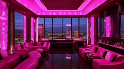 Poster - A vibrant lounge featuring pink neon lights, sleek furniture, and a dynamic setting perfect for nightlife enthusiasts