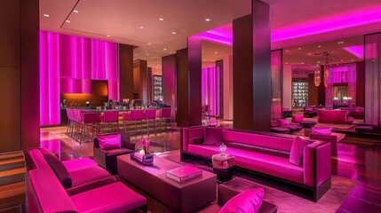 Poster - A vibrant lounge featuring pink neon lights, sleek furniture, and a dynamic setting perfect for nightlife enthusiasts