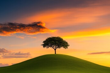 Poster - A minimalist HDR design of a lone tree on a rolling hill under a dramatic, gradient sunset, with crisp light contrasts and simple composition