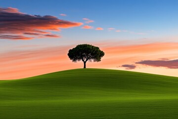 Poster - A minimalist HDR design of a lone tree on a rolling hill under a dramatic, gradient sunset, with crisp light contrasts and simple composition
