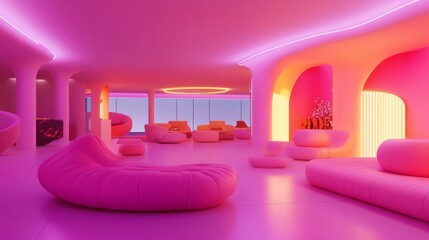 Poster - A vibrant lounge featuring pink neon lights, sleek furniture, and a dynamic setting perfect for nightlife enthusiasts