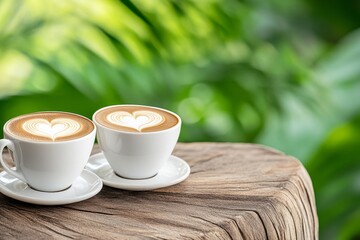 Poster - A romantic scene with two cups of coffee, with heart-shaped latte art on the foam, set on a wooden cafÃ© table
