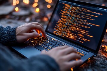 Poster - A shadowy coder surrounded by streams of dark, glowing code, working in a dimly lit, atmospheric room