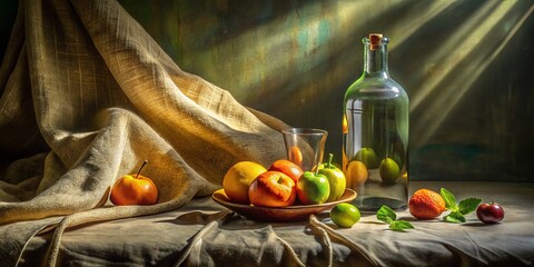 Wall Mural - Wide-Angle Still Life: Bottle, Light, and Shadow - Photography