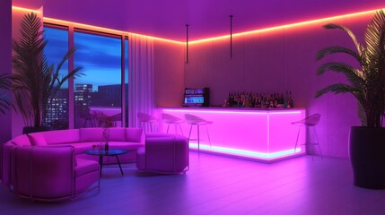 Poster - Modern lounge showcasing bright pink neon accents, chic furniture, and a lively nightlife setting.