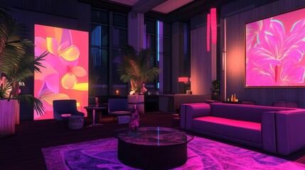 Poster - Modern lounge showcasing bright pink neon accents, chic furniture, and a lively nightlife setting.