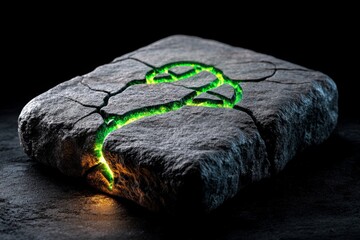 Aufkleber - A surreal dark image of a glowing green healthcare symbol etched into a cracked stone tablet under eerie light