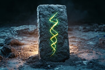 Aufkleber - A surreal dark image of a glowing green healthcare symbol etched into a cracked stone tablet under eerie light