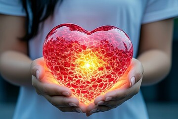 Aufkleber - A woman holding a glowing, crystal-like heart in her hands, emitting soft light and reflections