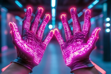 Poster - Cyberpunk-inspired glowing hands with neon-blue veins and digital circuitry patterns, holding a holographic city map surrounded by futuristic screens