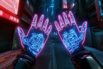 Poster - Cyberpunk-inspired glowing hands with neon-blue veins and digital circuitry patterns, holding a holographic city map surrounded by futuristic screens