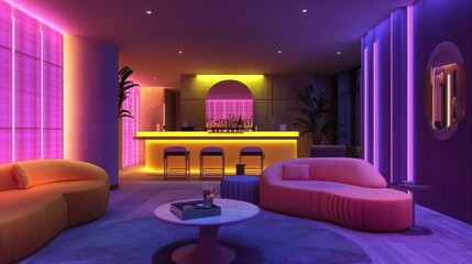 Poster - Vibrant lounge with neon pink lights, cozy yet modern seating, and an atmosphere filled with nightlife energy.
