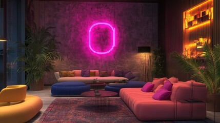 Poster - Vibrant lounge with neon pink lights, cozy yet modern seating, and an atmosphere filled with nightlife energy.