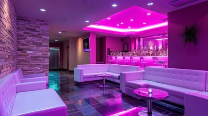 Poster - Vibrant lounge with neon pink lights, cozy yet modern seating, and an atmosphere filled with nightlife energy.