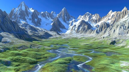 Wall Mural - A serene mountain landscape with lush greenery and a winding river under a clear blue sky.