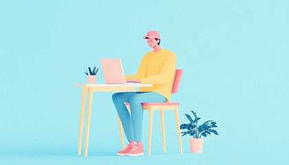 Poster - Young Person Working on Laptop at Bright Desk with Plants in Minimalist Home Office Environment