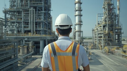 Poster - engineer in hardhat overseeing operations at industrial plant, ensuring safety and efficiency