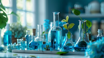 Wall Mural - Blue liquid in glass bottles and beakers with plants.