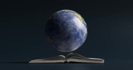 Wall Mural - 4k Resolution Video: Planet Earth World Globe Seamless Loop Rotating Over an Open Book on a Blue Sky Background with Alpha Mate. Elements of this image furnished by NASA