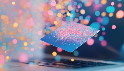 Poster - Abstract Colorful Bokeh Effects with Floating Glittering Card Above Laptop Keyboard in Soft Lighting