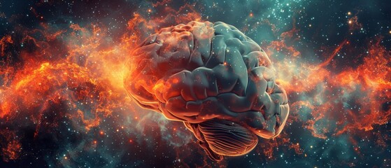 Wall Mural - orange brain in cosmic space with stars, smoke clouds. vibrant blue, red colors against dynamic star