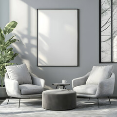 Wall Mural - Modern Minimalist Living Room Interior Design Mockup with Gray Armchairs and Ottoman