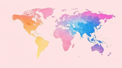 Poster - Minimalist gradient world map outline design with elegant line drawing style. Abstract global geography concept featuring soft curves and vibrant gradient background