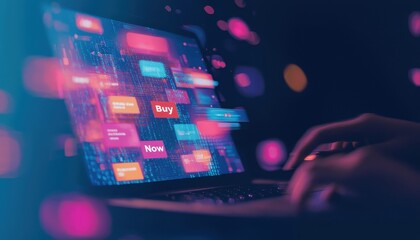 Poster - Digital Shopping Experience with Buy and Now Buttons on Laptop in Futuristic Interface
