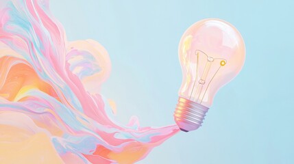 Aufkleber - Abstract depiction of a glowing light bulb emitting colorful waves against a pastel backdrop
