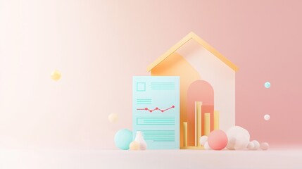 Poster - Abstract illustration of a conceptual home with colorful geometric shapes and financial charts on a soft pastel background