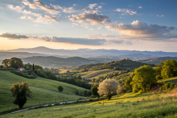  A sunset view from a hill with a green valley in the background